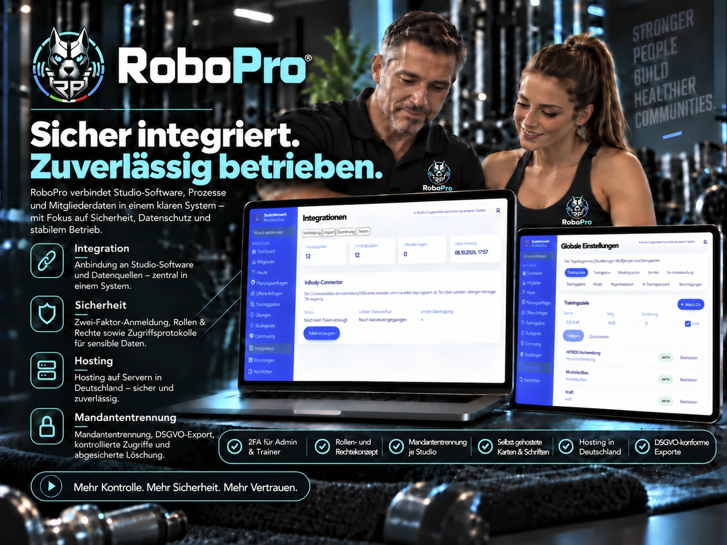 RoboFit Studio-Integration, Sicherheit, Hosting und Mandantentrennung